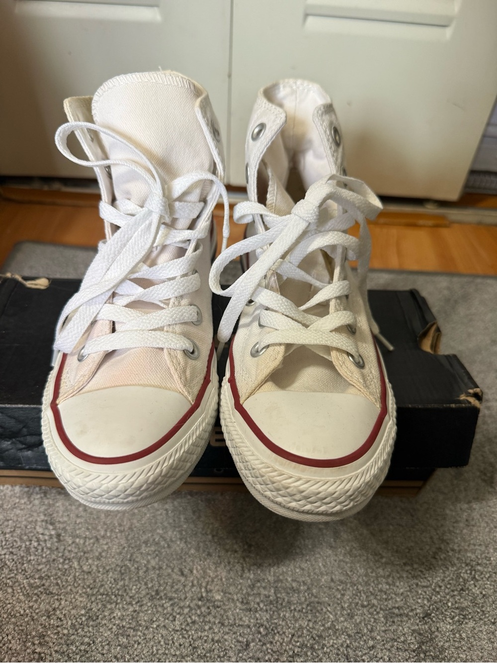 Classic High-Top Canvas Sneakers - White with Red Trim